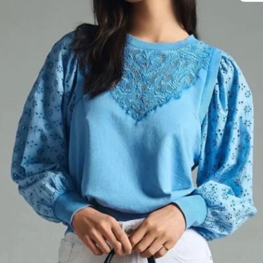 Anthropologie Pilcro Washed Eyelet Balloon Sleeve Sweatshirt Blue
